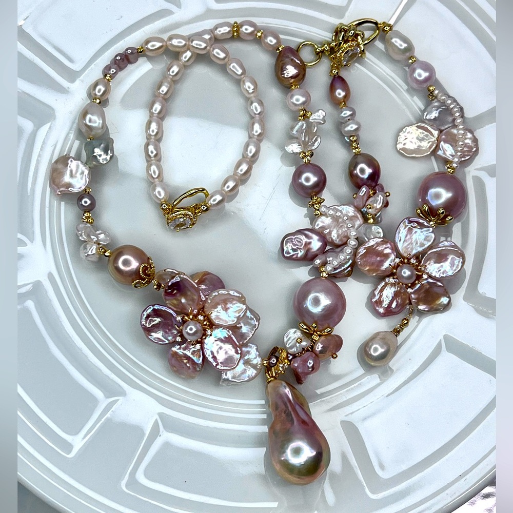 Handmade Premium 🤩🤩 Sakura Pink Keshi Flower 🌺 Necklace Bracelet SET